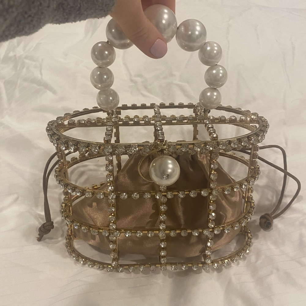 Crystal and Pearl Metal Basket Handbag New